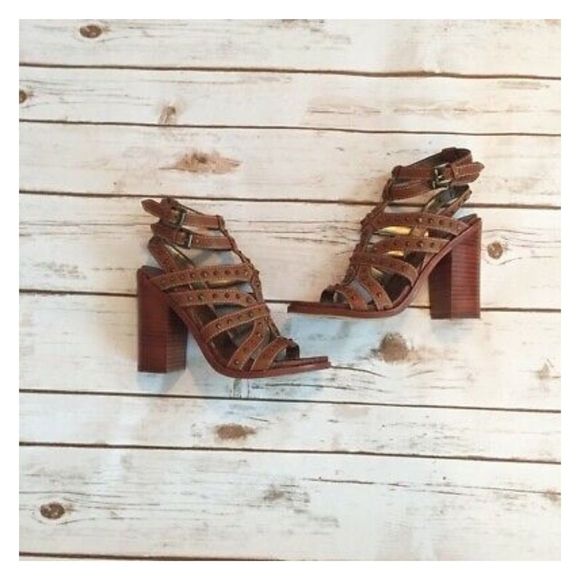 Size 9 Sam Edelman Rustic Brown Keith Studded Block Heel Gladiator Sandal - Picture 1 of 5